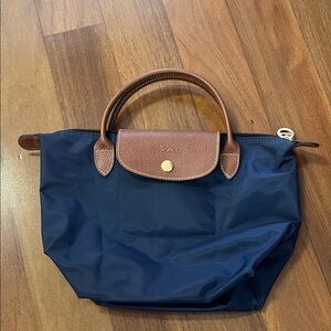 Longchamp Small Navy Blue Tote Bag with Brown Accents